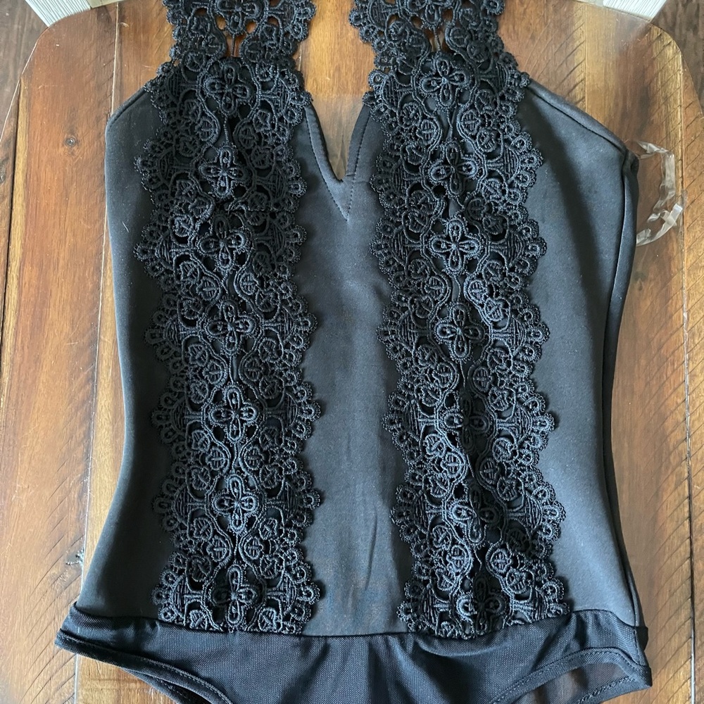 Charlotte Russe Black Bodysuit One Piece Lace Halter Neck Women's Size S - Picture 7 of 10